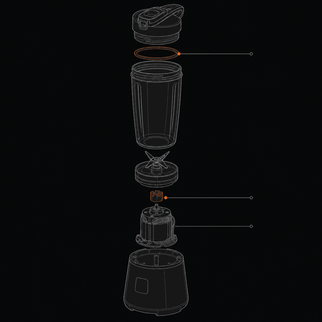 Exploded diagram of a cordless personal blender: lid, gasket, jar, blade assembly, drive coupling, motor and base housing separated vertically, with 3 components marked.